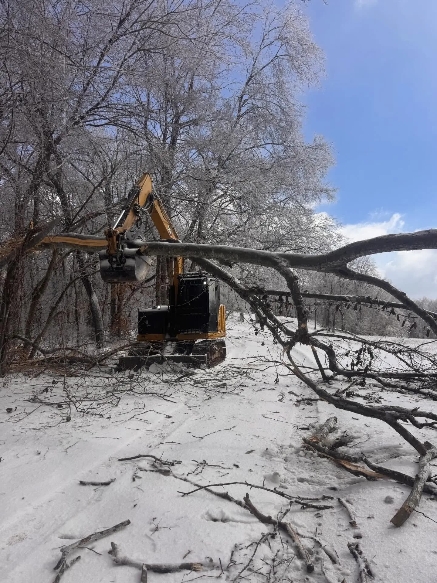 Excavator with a grapple clearing ice-downed limbs from a snowy lane